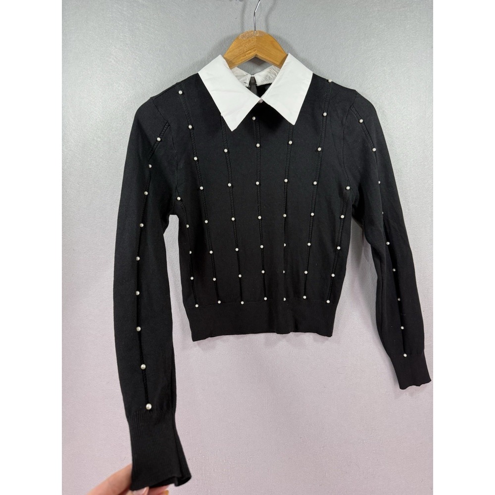 On 12th Crisp White Pointed Lapel Collar Black Knit Sweater Dark Academia Gothic - Picture 1 of 9